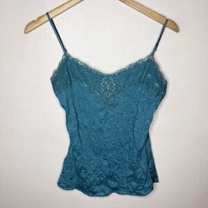 Y2K Xhilitation Blue Beaded Mesh Trim Fairycore Tank Top Women's Small Crinkle